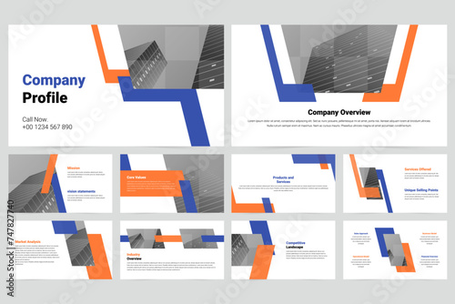 Blue and orange modern business work report slide presentation template