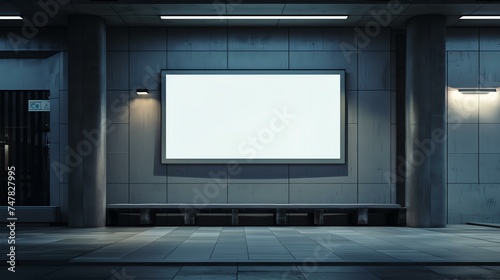 A blank billboard in a subway station. The billboard is located in a dark corner of the station, and there is a bench in front of it.