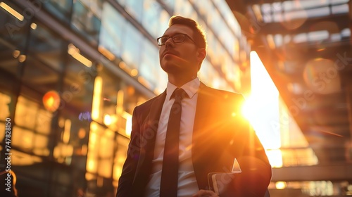 Confident businessman in suit and glasses looking away while standing in modern city at sunset. photo