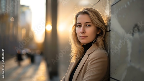 Portrait of a beautiful young woman with long blond hair. She is wearing a brown coat and black turtleneck.