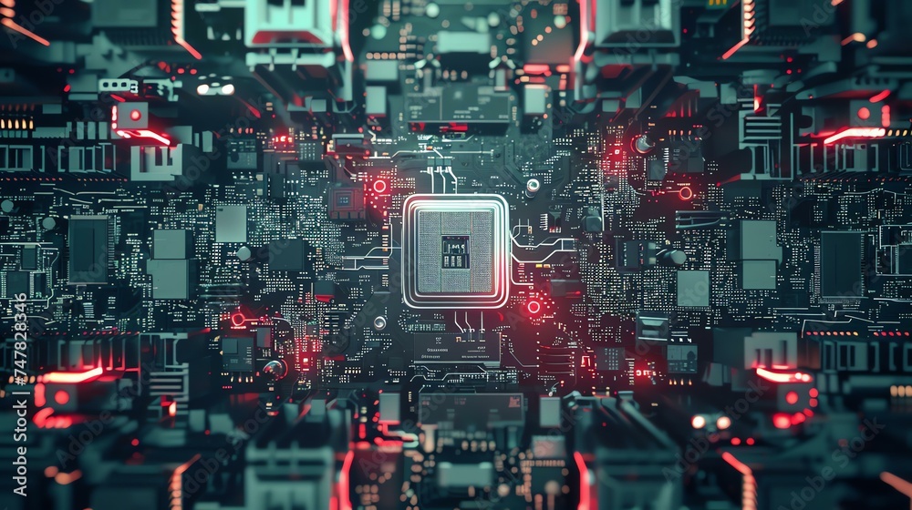 3D rendering of a computer chip with glowing red lights on a circuit board.