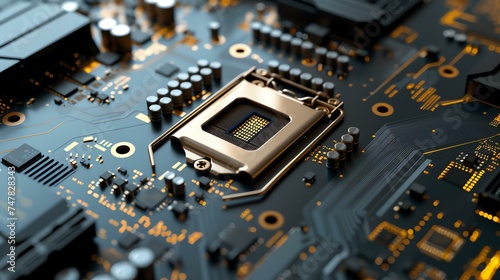 A close-up image of a computer motherboard. The image is dark and moody, with the only light coming from the gold-plated CPU socket. photo