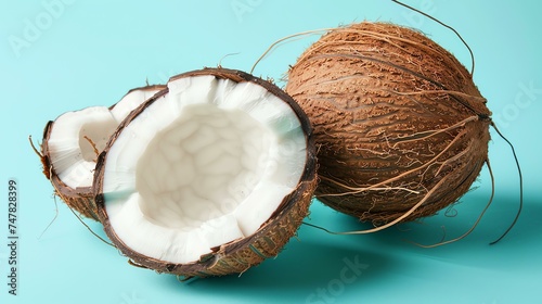 This is a photo of a coconut. The coconut is brown and hairy. It is cracked open in half, and the white meat is visible. photo