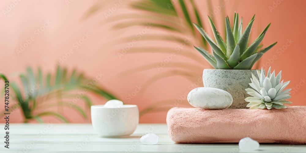 Close up view of spa theme objects on pastel color background, staged photo with copyspace, professional shoot Close up view of spa theme objects on pastel color background, staged photo with copyspace, professional shoot