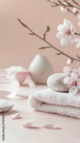 Close up view of spa theme objects on pastel color background, staged photo with copyspace, professional shoot