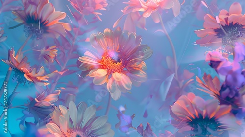 Light pink and yellow flowers with a blue background.