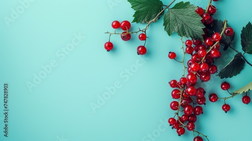 Red currant berries with green leaves on a blue background. The concept of a healthy diet, organic products, and natural vitamins. Copy space.
