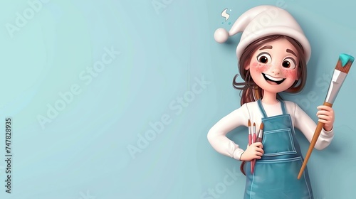 Little girl painter holding a paintbrush and wearing a Santa hat. She is wearing a blue pinafore and has brown hair. photo