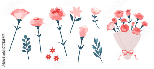 カーネーションのイラスト _ ベクター セット 花 花束 クリップアート 
