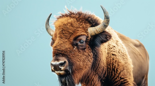 This image shows a close up of a bison's face. The bison is looking to the left of the frame. It has brown fur and dark brown eyes.