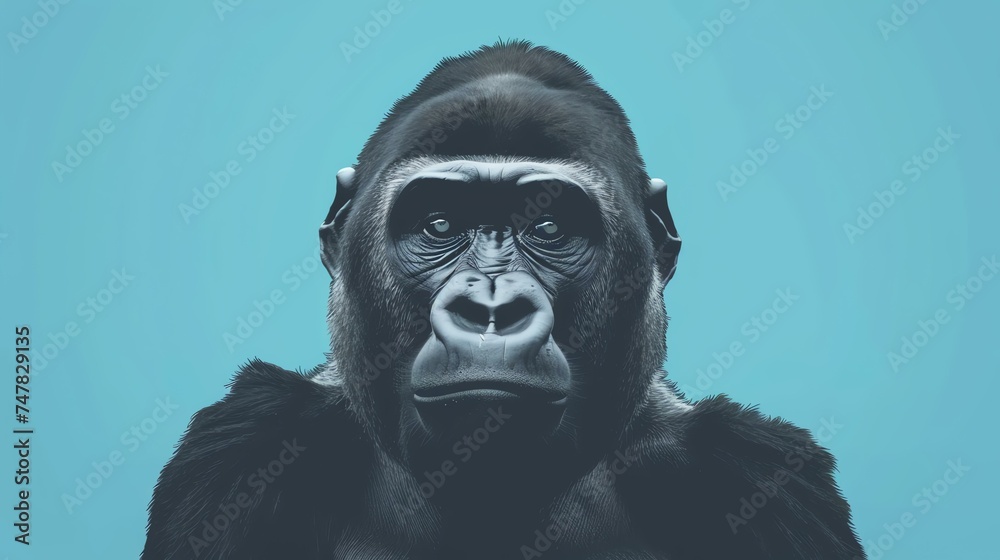 A powerful gorilla stares into the camera with an intense gaze. - obrazy, fototapety, plakaty 