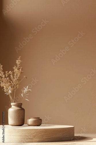 3d render of podium for product presentation. Abstract minimal scene with geometric shapes on the wall