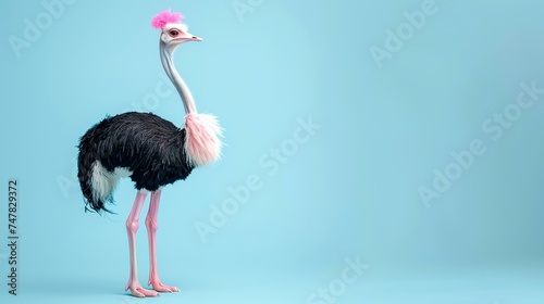 A studio shot of an ostrich with pink feathers on its head and neck. © Nijat