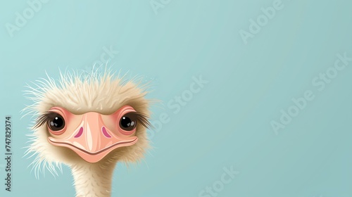 Ostrich with big eyes looking at the camera on a blue background.