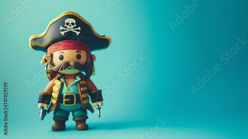 Adorable 3D illustration of a cartoon pirate. The pirate is wearing a black hat with a skull and crossbones, a red bandana, and a blue coat.