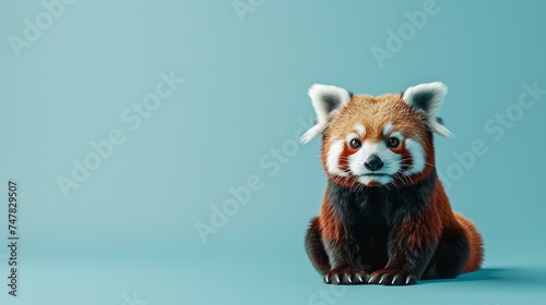 A cute red panda is sitting on a blue background. The panda is looking at the camera with its big, round eyes. photo