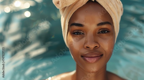 Portrait of charming sensitive intricate african woman in luxury spa  perfect skin  big eyes  sensitive lips  staged photo with copyspace  professional shoot
