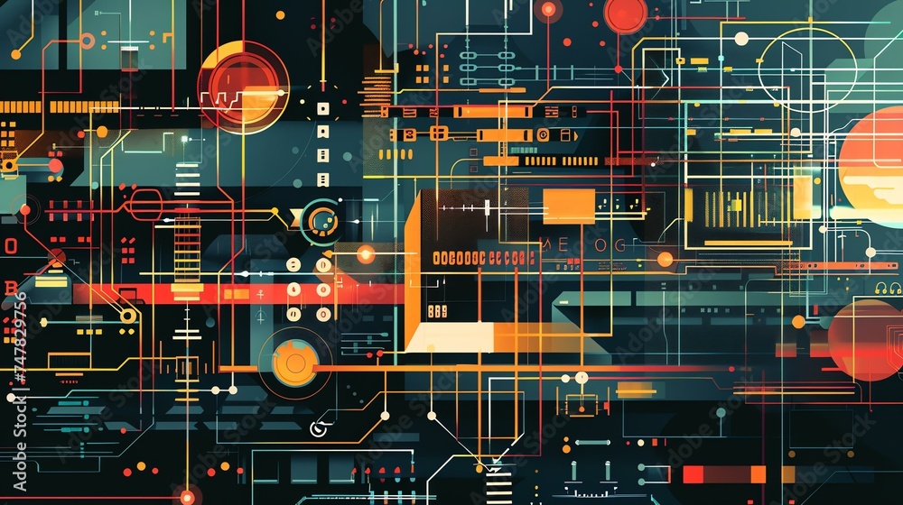 An abstract illustration of a circuit board. The image is composed of a dark blue background with bright orange, yellow, and green lines and shapes.