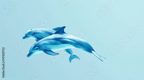 Two dolphins jumping out of the water. Dolphins have a beautiful blue-gray skin. The background is a light blue. © Nijat