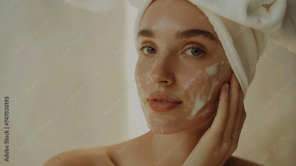 Portrait of charming sensitive woman in luxury spa after bath touching her face, perfect skin, skincare, staged photo with copyspace