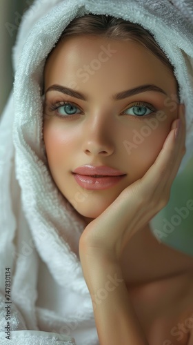 Portrait of charming sensitive intricate woman in luxury spa  perfect skin  big eyes  sensitive lips  staged photo with copyspace  professional shoot