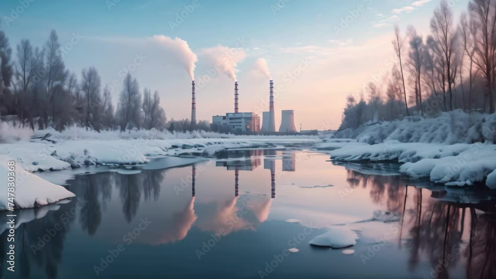 Industrial landscape with power plant in winter, river and blue sky, Ecological electrical power plants all in one frame, AI Generated