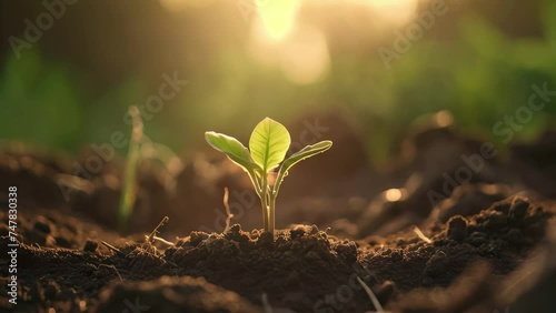 Green seedlings illustrating concept of new life and beginning to grow from seed, developing plant, Young plant with a ground backdrop, AI Generated photo