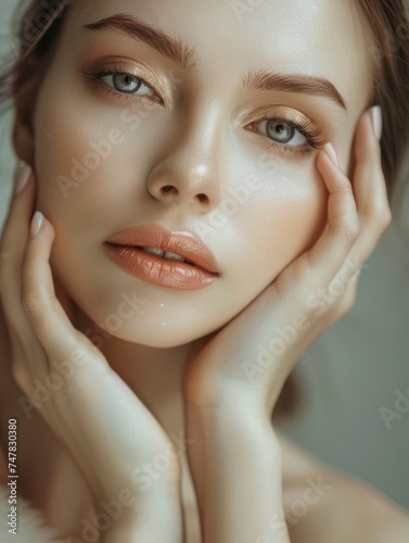 Portrait of charming sensitive woman in luxury spa touching her face  perfect skin  big eyes  puffed lips  staged photo with copyspace  professional shoot