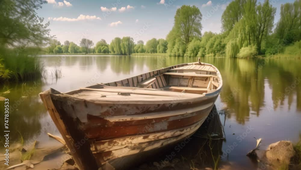 Old wooden boat on the shore of a lake in the spring. yellow boat on the lake at the wooden pier, AI Generated Old wooden boat on the shore of a lake in the spring. yellow boat on the lake at the wooden pier, AI Generated