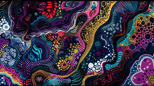 Colorful abstract painting with vibrant colors and intricate patterns. The painting has a dreamlike quality, and it is full of energy and movement.