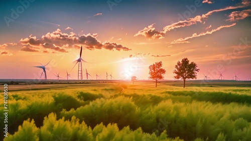 Sunset over the field with wind turbines in the background. Landscape. Ecological wind turbines on a green field, AI Generated photo