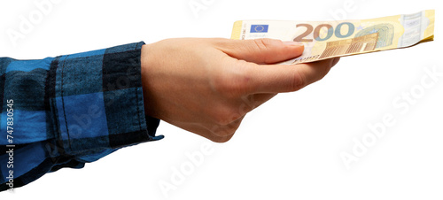 Isolated female hand in blue shirt cuff giving  two hundred euro bills. Hand holding euro banknotes. photo