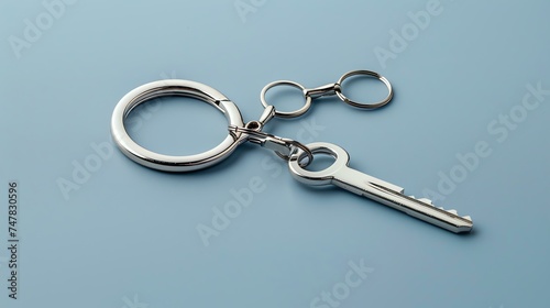 A silver metal key on a silver metal key ring. The key is in focus and the key ring is slightly out of focus. The background is a light blue color.