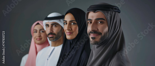 Group of Emirati people showcasing traditional attire and diversity.