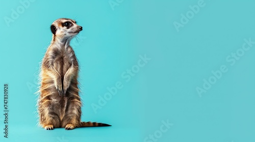 Meerkat standing on its hind legs, looking off to the side. Isolated on a blue background.