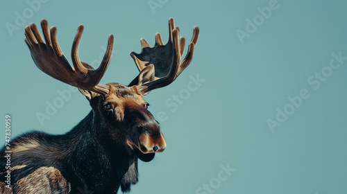 A majestic moose stands in the wilderness, its large antlers outstretched. The sun shines on its fur, making it glisten. photo