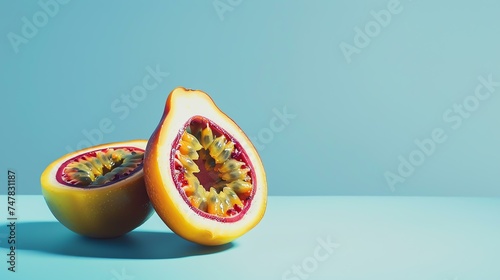 Close-up of a passion fruit cut in half, isolated on a blue background. The fruit has a yellow rind and a juicy, orange interior filled with seeds. photo