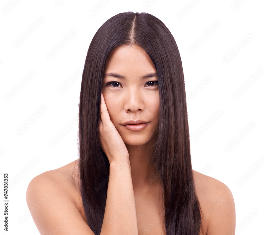 Asian woman, portrait and glow with studio, skincare and cosmetic for treatment or care. Japanese model, face and natural beauty with confidence, haircare and wellness isolated on white background Asian woman, portrait and glow with studio, skincare and cosmetic for treatment or care. Japanese model, face and natural beauty with confidence, haircare and wellness isolated on white background