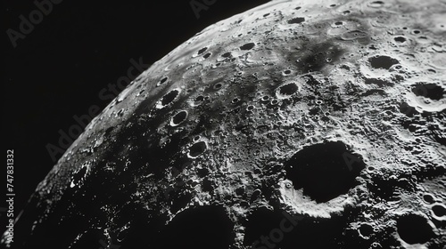 The image is a black and white close-up of the surface of the moon. The moon's surface is covered in craters and other geological features.