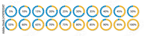 Circular progress bar yellow and blue. 100 percent round pie chart. Circle loading template. Schemes with sectors. Progress diagram structure. Piechart with segments and slices. Vector illustration
