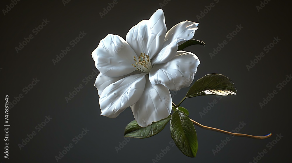 A beautiful 3D rendering of a white flower with intricate details. The petals are soft and delicate, and the leaves are a deep green.