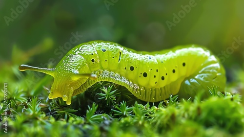 A beautiful green caterpillar on a blade of grass. The caterpillar is translucent, and you can see its internal organs. photo