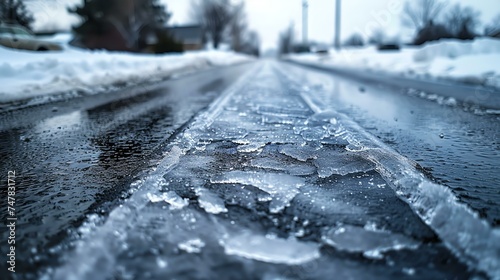 Icy road in winter. The road is covered with a thick layer of ice and snow, making it dangerous to drive.