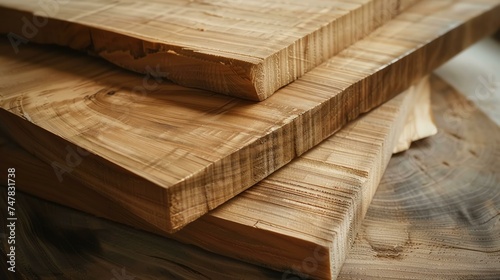 Three thick wooden planks stacked on top of each other at an angle. The wood has a light brown color.