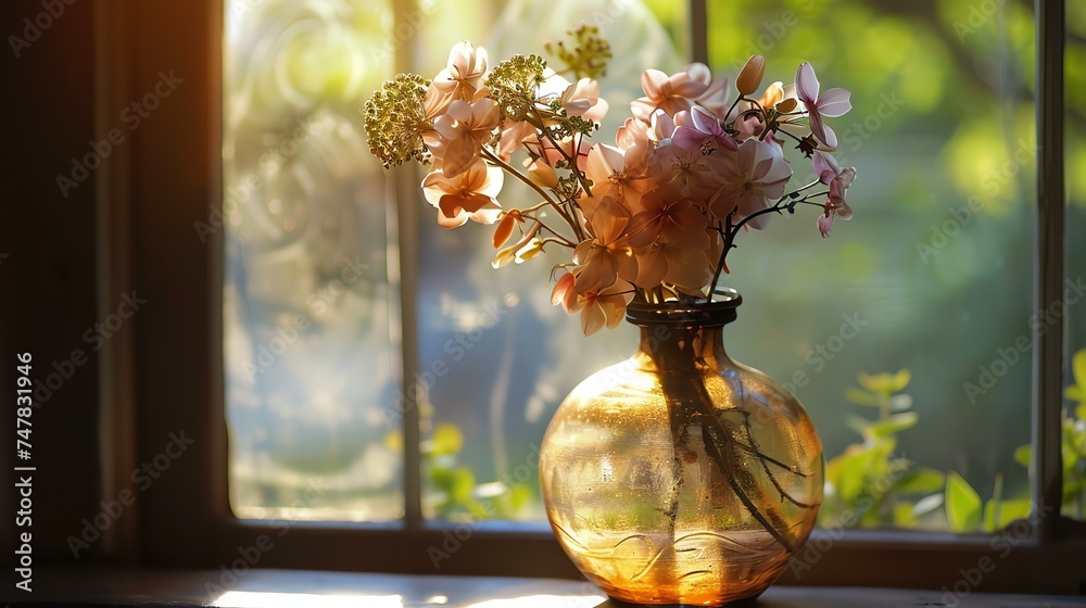 Still life photography of a beautiful flower arrangement in a glass vase.