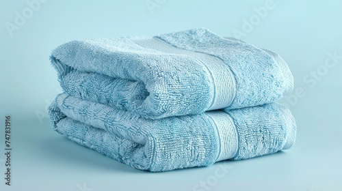Soft and fluffy blue towels folded and stacked on a blue background. The towels are different shades of blue and have a textured pattern.