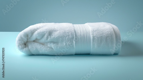 White towel on blue background. The towel is rolled up and placed on a blue table. The towel is soft and fluffy.
