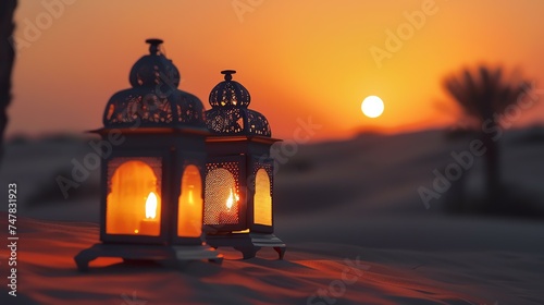 Two beautiful lanterns sit in the desert at sunset. The warm light of the lanterns contrasts with the cool colors of the desert.