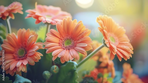 Soft focus on a beautiful orange gerbera flower in full bloom with green foliage on a blurred background.