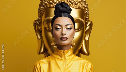 A woman wearing a gold tia in front of a statue on a white background --ar 7:4 Job ID: 4b728f81-3436-43c3-a0c3-c204cd49d220 photo